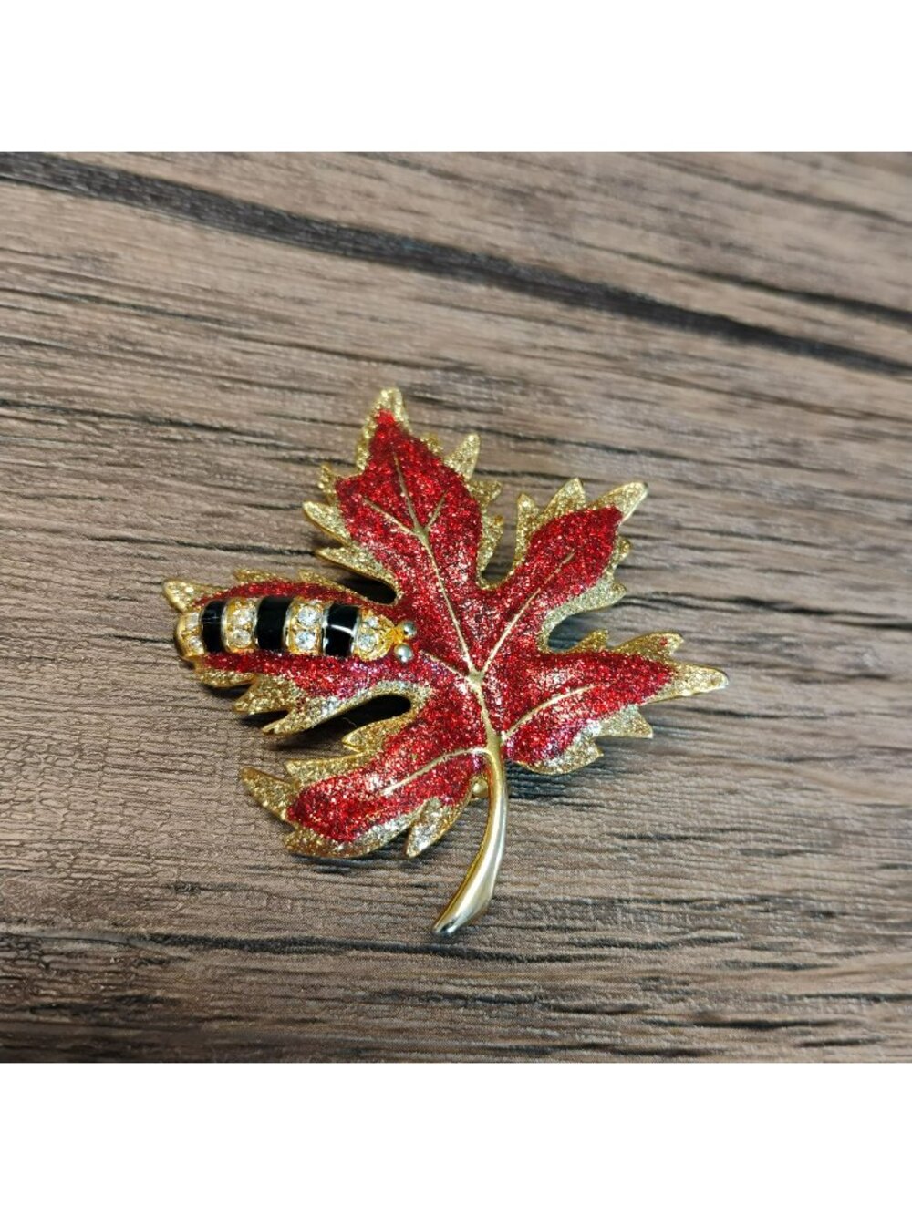 Vintage Gold Tone Red Glitter Enamel Maple Leaf Caterpillar Brooch Pin